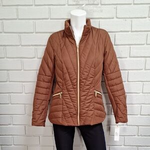 Kenneth Cole Brown Quilted Jacket with Gold Logo Zippers. Suze Medium NWT